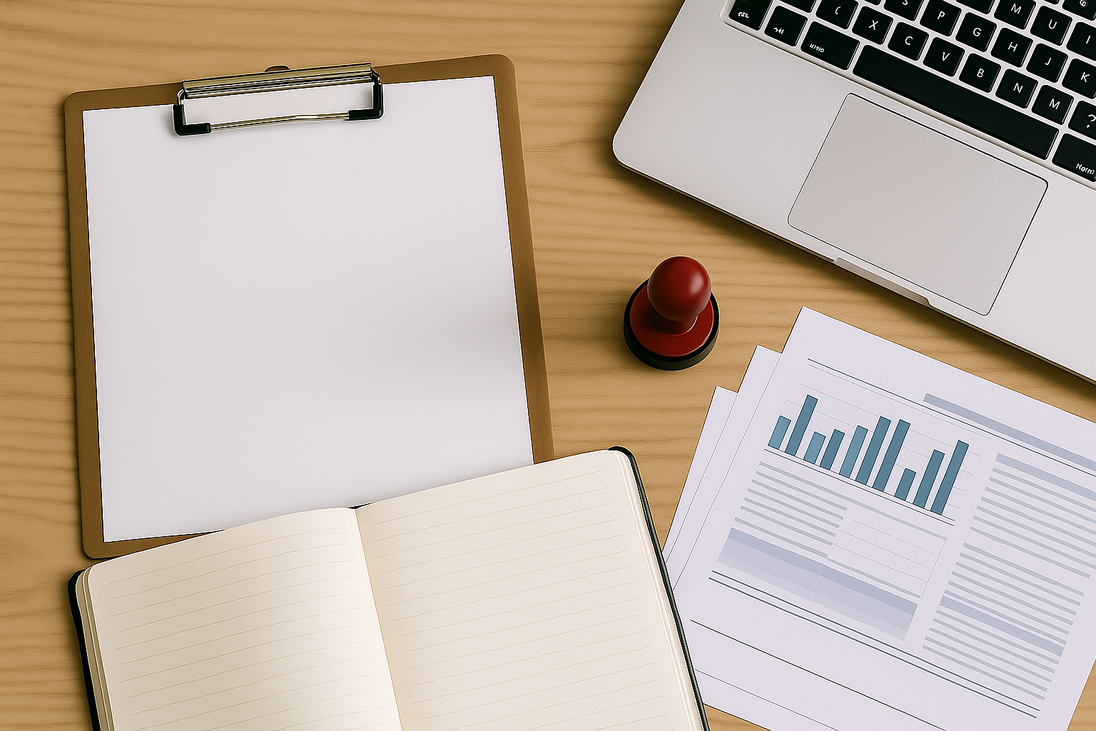 理事会で使用する資料やノートパソコン、印鑑、書類が並ぶデスクの俯瞰写真。マンション管理組合の実務対応や所有者不明専有部分管理命令に関するコラムのイメージ。